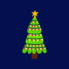 Christmas tree isolated. Simple winter tree with garland and golden star. Spruce fir in cartoon style. Holiday esign element.