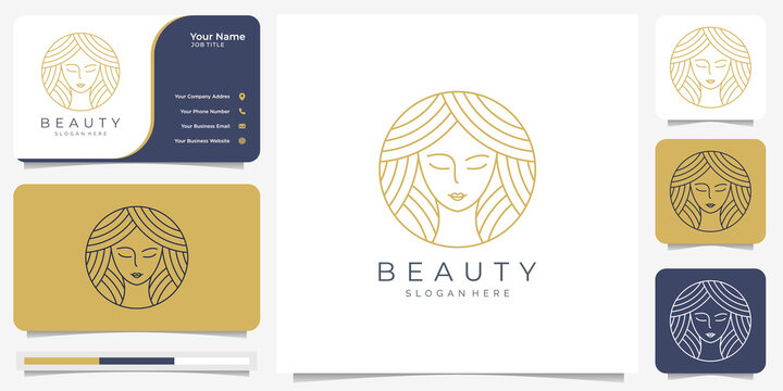 Beauty Women Hair Circle Line Art Style. Logo And Business Card Template.nature,line Art,slim,haircut,beauty Face. Premium Vector