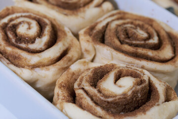 Baking cinnabons. The cinnamon dough is in the baking dish. Close-up shot.