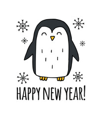 Vector hand drawn doodle sketch colored penguin and happy new year lettering isolated on white background