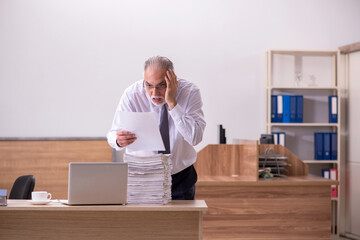 Old male employee reading paper in the office