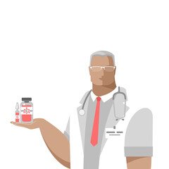 The doctor holds an antiviral vaccine, ampoule, vaccination immunity against coronavirus. Isolated color illustrations on a white background, vector