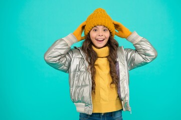 seasonal kid fashion. cozy and comfortable. childhood happiness. teen girl ready for winter. Lets celebrate. padded clothing style. care yourself in cold weather. happy child in warm winter clothes