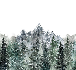 Snowy mountain landscape and evergreen conifer forest illustration. Watercolor winter background. hand painted pine trees.