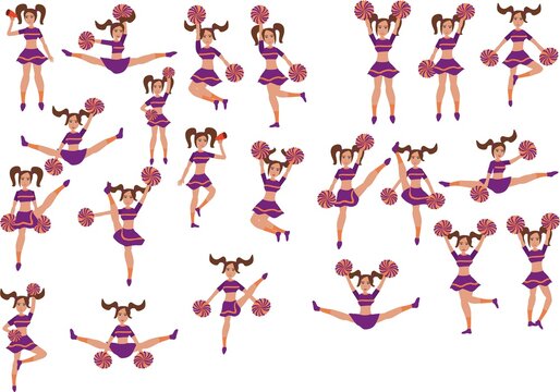 Girl Cheerleader Pose. Set Of Cheerleaders Vector Illustration Set