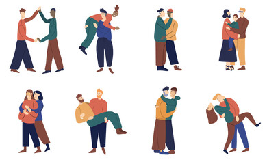 Set of diverse homosexual multiracial gay, lesbian and transgender couples. International homosexual family. Same gender parents, different ages. Flat vector cartoon illustration isolated on white.