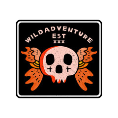 Skull head in hype style with wild adventure typography. illustration for t shirt, poster, logo, sticker, or apparel merchandise.