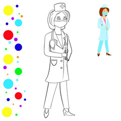 Coloring and colored image of standing doctor. Coloring page person. Can be used for print, magazine, poster. Vector illustration.