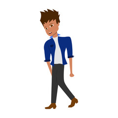 Cartoon flat fashion guy isolated on white. Design for notebook, card, poster, banner, wrapper, background. Сute smilling boy supermodel.