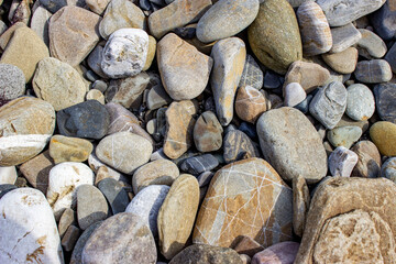 Pebble beach. Beautiful sea stones, different sizes and textures. With streaks, inclusions. On the beach after the storm, small objects and shell fragments were thrown out. Textured rocky background.