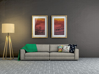 3D Rendering, Modern Living Room with Wall Art Canvas