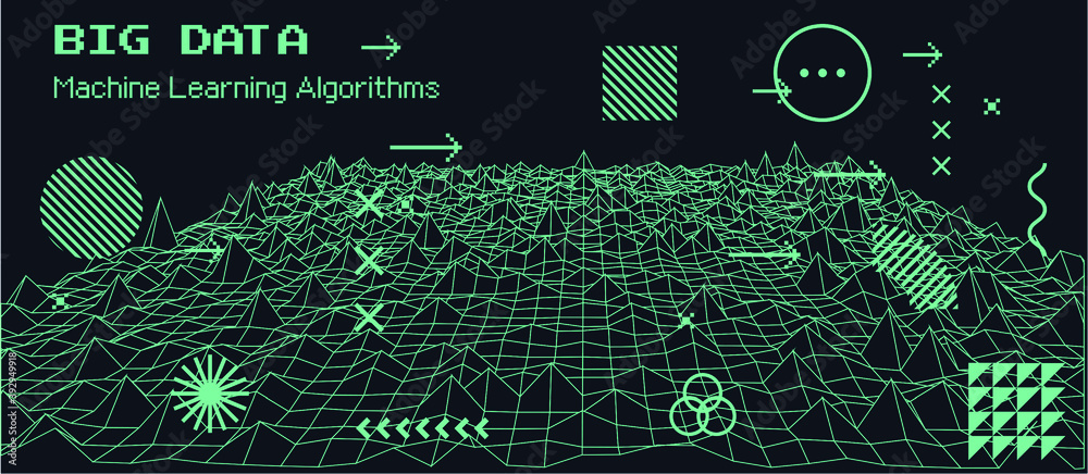 Aufkleber Big data and complex information visualization concept. Glitched and distorted polygonal 3d surface, graph or map of mathematical function.