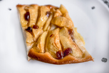 Apfeltarte mit Rosinen auf einem weißem Porzellanteller mit einem Art Deco Muster