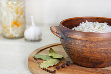 Fermentation preservation Sauerkraut in glass jar. Canned food concept.