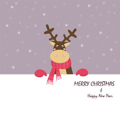 Merry Christmas and Happy New Year. Deer in a red knitted scarf. Symbol of Christmas. Congratulations card. Vector flat illustration