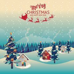 Fototapeta premium Christmas and Happy new year characters like Santa Claus, reindeer, scooter, and snowman holding gift with Merry Christmas greeting tree in Blue backgrounds. pine Full Moon, Vector Illustration 