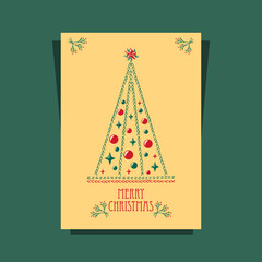 Christmas Card with Christmas  Tree made by drawing hand stitch in green red on beige for invitation or congratulation Merry Christmas or for  celebration winter holidays 