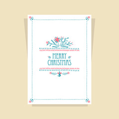 Christmas Card with Christmas  Flower made by drawing hand stitch in blue red on white for invitation or congratulation Merry Christmas or for  celebration winter holidays 