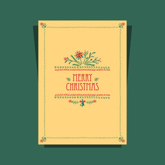 Christmas Card with Christmas  Flower made by drawing hand stitch in green red on beige for invitation or congratulation Merry Christmas or for  celebration winter holidays 