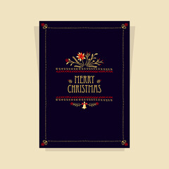 Christmas Card with Christmas  Flower made by drawing hand stitch in gold red on black for invitation or congratulation Merry Christmas or for  celebration winter holidays 