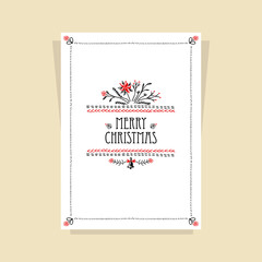 Christmas Card with Christmas  Flower made by drawing hand stitch in black red on white for invitation or congratulation Merry Christmas or for  celebration winter holidays 