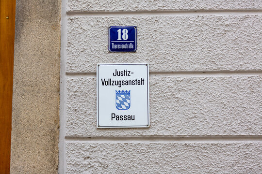 PASSAU / GERMANY - NOVEMBER 8, 2020: Sign of penal institution Passau. Justizvollzugsanstalt means penal institution.