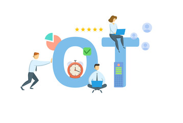 OT, Overtime. Concept with keywords, people and icons. Flat vector illustration. Isolated on white background.