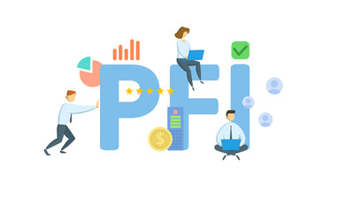 PFI, Private Finance Initiative. Concept with keywords, people and icons. Flat vector illustration. Isolated on white background.