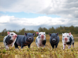 Lots of cute piglets on the walk. Funny animals, portrait - Powered by Adobe