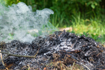 Smoke from a heap of plants in a field. Sawe the planet concept. Selective focus.