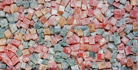 Turkish delight sweet cubes background.