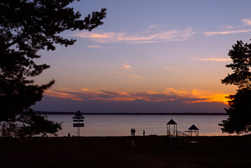 A silhouette photo of the beach on Lake Dryvyaty. Braslav. Braslav lakes.