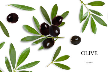 black olives and olive leaves on a white background