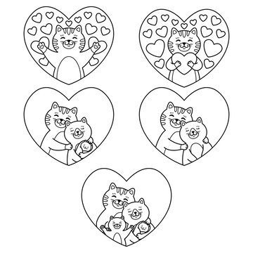 Cats family mother, father, child and newborn baby hug in heart. Tomcat hugs a heart. Set of lovely elements. Vector illustration isolated on white background. Outline picture for coloring page.