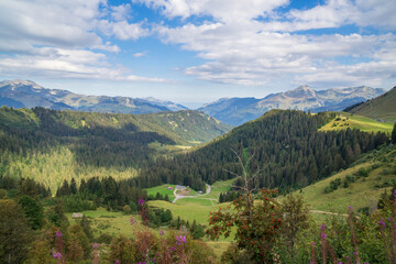 Fototapeta na wymiar Panoramic view towards the valley of Morzine, at the Joux Plane pass, Haute-Savoie, France