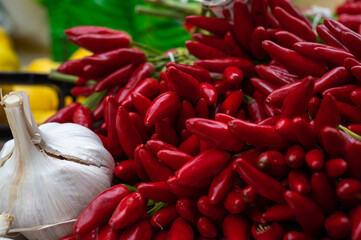 Close up of the fresh chilli bundle and garlic on the italian market.
