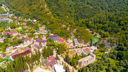 Fototapeta premium View from drone on Black sea coastal town resort