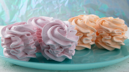 sweets of different colors on a plate, soft light on the dessert, homework marshmallows, close-up, macro, trnd color.