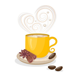 A Cup of coffee with cinnamon and grains isolated on a white background. Aromatic coffee with steam in the form of a heart. A Cup on a saucer with cinnamon and a few grains. Vector illustration..