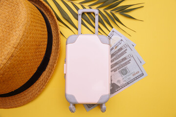 Travel luggage suitcase with money on yellow background. Travel, summer vacation or tourism concept.