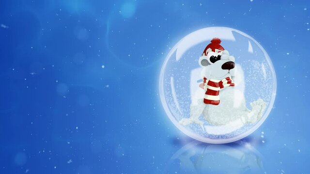 A polar bear in a Christmas hat in a glass snow globe.