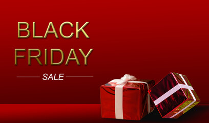Black Friday Super Sale. Shelf and podium with realistic black gifts boxes with gold bows. Dark background golden text lettering in bright glowing neon frame