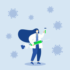 Fight and protect COVID-19. Coronavirus outbreak concept. Doctor wearing sanitary mask. Vaccine box and medical syringe  to protect from coronavirus pathogens.