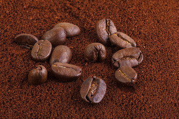 Coffee grind texture background, close up. ground coffee brown background, wood grain texture. Full...