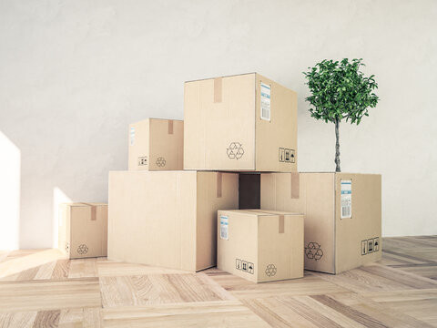 3D Rendering, Moving Boxes Stacked in Empty Room