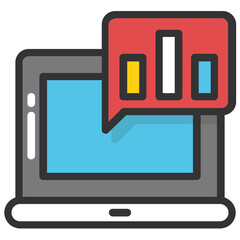 
Laptop with barchart chat bubble flat vector icon
