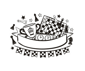 Chess emblem with ribbon for text, chess pieces, cup, clock and board. Logo for a chess club or competition. Garland of checkered flags. Black and white Vector illustration for sporting events