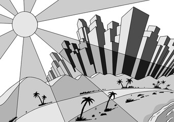 Drawing of lined up buildings on a coastal metropolis with beach and sun, in film noir atmosphere and art Deco style. Vector illustration.