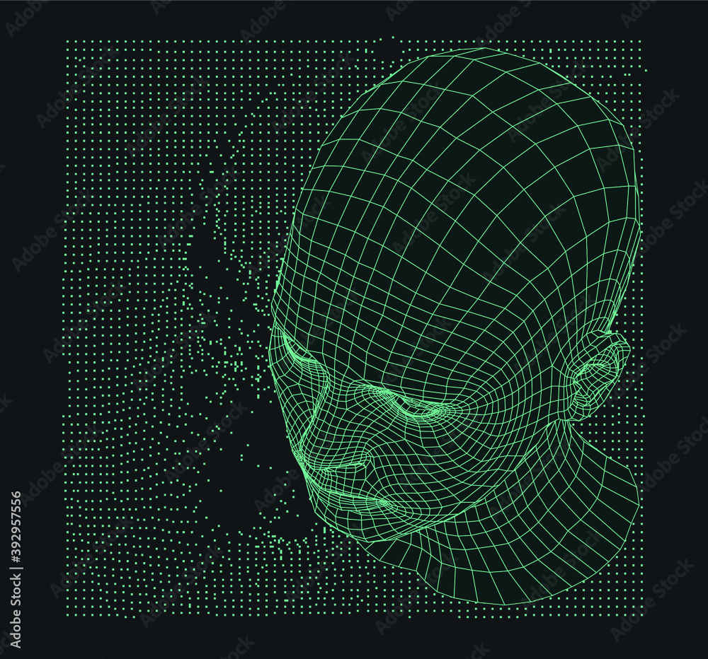 Poster Silhouette of a human head and surface made of dots and particles. Concept of Artificial intelligence and Neural Network.