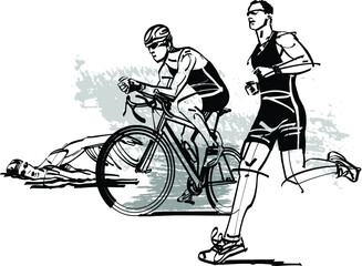 the vector illustration of  triathlon athletes  - obrazy, fototapety, plakaty